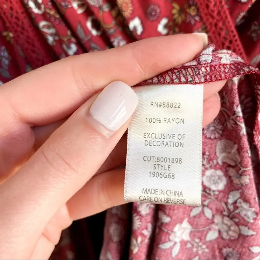 NWT Max Studio Boho Red Floral Bubble Sleeve Peasant Dress Small‎ - Picture 4 of 7